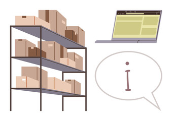 Metal rack with packed boxes, digital screen with website layout, and info speech bubble. Ideal for e-commerce, logistics, stock tracking, online support, inventory control, delivery process simple