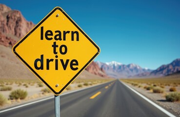 Yellow road sign with text Learn to Drive on desert highway. Driving school concept with scenic mountain landscape. Beginner driver educates to pass driving examination test.