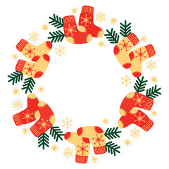 Christmas frame with socks, fir twig and snowflakes. Red, yellow and green colors. Round shape border with copy space. Festive composition with cartoon objects on white background. Vector design.