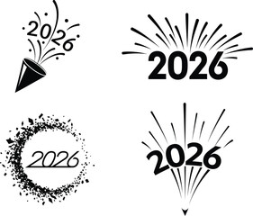 Four stylized black and white graphic designs celebrating the arrival of the year 2026
