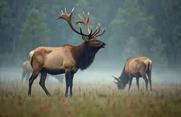 Fototapeta premium Majestic bull elk with large antlers stands alert in misty morning field. Mouth slightly open, potentially bugling. Another elk grazes peacefully in foggy meadow. Wild animals thrive in natural