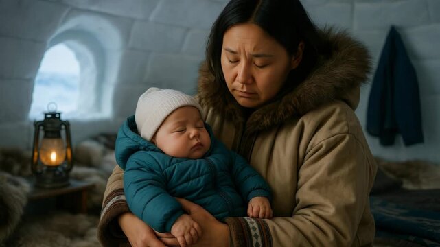 An Indigenous mother tenderly holds her sleeping baby inside an igloo. The scene evokes warmth and protection in a harsh arctic environment.