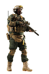 Military personnel dressed in modern tactical gear holding a weapon isolated on a white background.