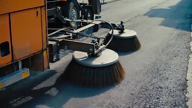 Street Sweeper Truck Cleaning Asphalt Road with Rotating Brushes, Urban Maintenance and Sanitation, Close-up of Sweeping Mechanism
