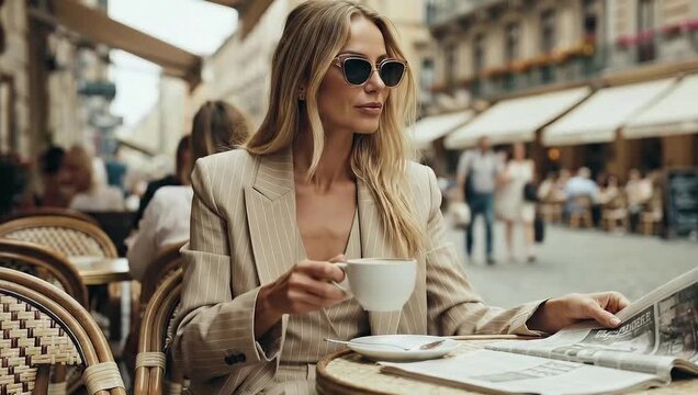 Sophisticated woman enjoys coffee and news at charming European cafe terrace in stylish suit and sunglasses