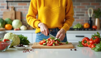 Young woman cuts fresh tomatoes, cucumber, parsley for salad in modern kitchen. Prepares healthy meal on wooden chopping board. Many colorful raw vegetables on kitchen counter, showing healthy food