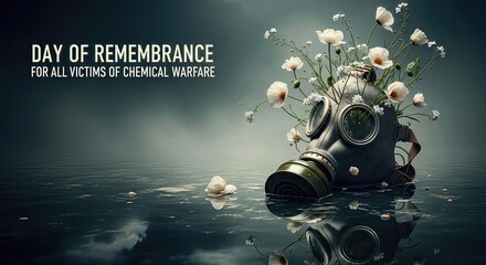 Day commemorating chemical warfare victims: A sombre gas mask emerges from tranquil waters, blooming with pristine white blossoms, a peaceful symbol.
