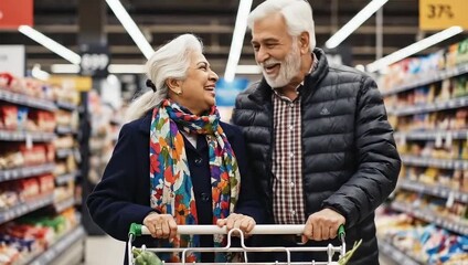 Joyful senior couple laugh while grocery shopping together at the supermarket, pushing cart through aisle