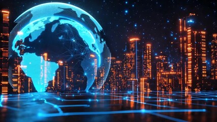 Digital Earth Globe Spinning Above Futuristic Neon Cityscape | Global Network Big Data and Technology Concept - Powered by Adobe