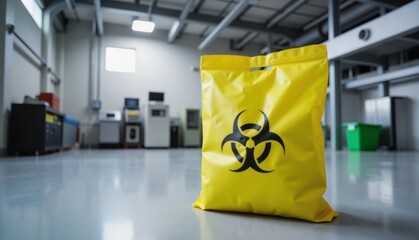 Yellow hazardous waste bag with biohazard symbol in a sterile laboratory environment, representing safety and waste management concept of healthcare, sanitation, or recycling