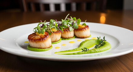Gourmet Seared Scallops with Green Pea Purée and Microgreens on Elegant Restaurant Plate
