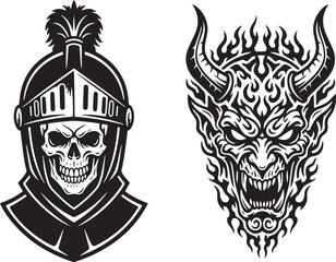 Obraz premium Dark Combat Emblems: Skull Knight Helmet and Roaring Fire Demon Face Art