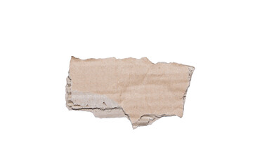 A piece of torn cardboard lies against a plain white background, showcasing its rough texture and natural brown color. Suitable for backgrounds, crafts, or waste reduction themes.