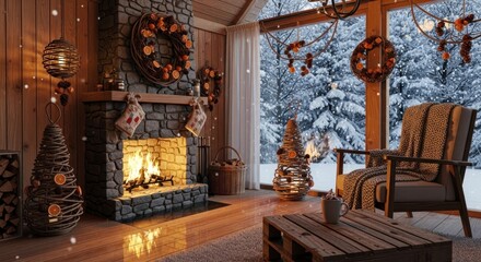 Obraz premium Cozy room with stone fireplace, warm lighting, and snowy winter scene