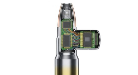 Cross-section of a bullet revealing internal electronics and circuitry on white background