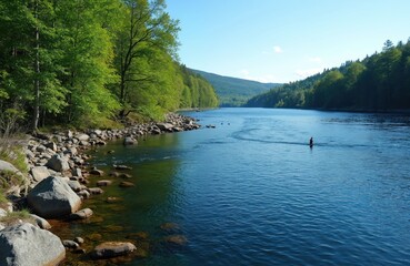 Obraz premium Man fishes in wide blue river flowing through green forest hills under clear sky. Rocky riverbank with trees on left side. Peaceful nature scene in Norway.