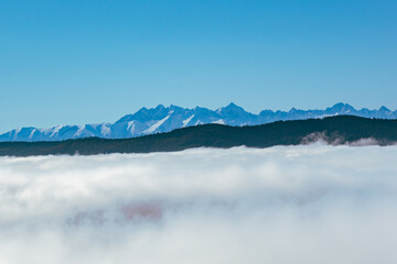 Autumn mountain landscape filled with golden and red tones, trees in fall foliage, and warm light....