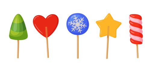 Colorful Christmas lollipops Set. Shape of heart, tree, star and twirl. Hand drawn trendy flat style vector illustration Perfect for holiday cards, packaging, prints, stickers, and decorations.