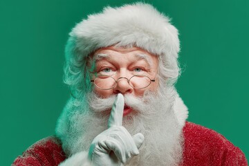 Happy Santa Claus with a playful shushing gesture