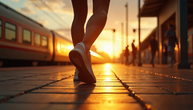 Close up of person walking on train platform at golden hour. Train stopped at station. Warm light illuminates ground, creating long shadows. People waiting, leaving, traveling by rail, commuter city
