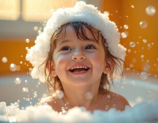 Happy child enjoys bath time surrounded by bubbles. Smiling kid plays with foam in tub. Little girl has fun washing hair. Cute toddler in bathroom portrait.