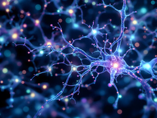 Intricate network of glowing 3D neurons and their synaptic connections