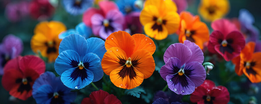 Colorful pansy flowers with vibrant petals in blue, orange, purple, red, yellow, pink. Pansies are in full bloom with green centers and water drops. Flowers are in cluster, creating floral display. - Powered by Adobe