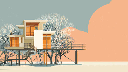 A vector of a modern coastal house built on high stilts or an elevated foundation for tsunami resilience.