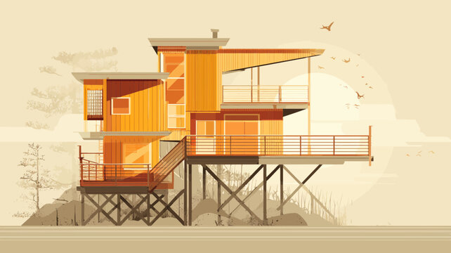 A vector of a modern coastal house built on high stilts or an elevated foundation for tsunami resilience.