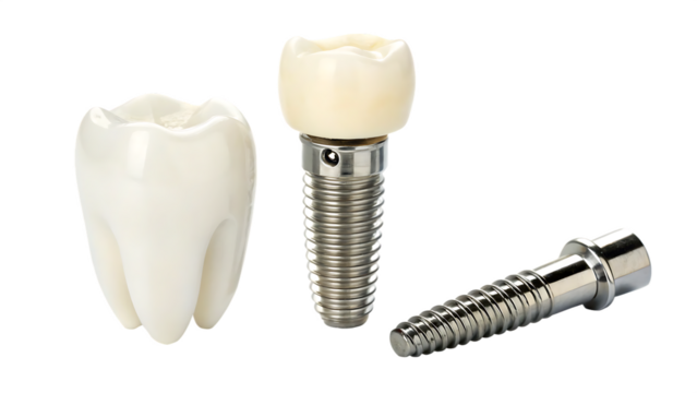 Dental Components, Crown Abutment and Implant Screw Displayed Separately, cutout, PNG isolated on transparent background