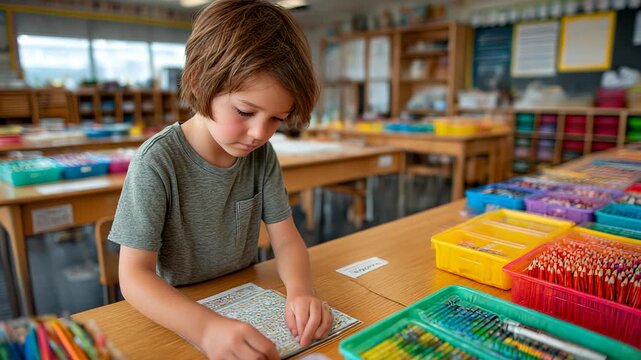 Focused Young Boy Working on a Sticker Activity at His Desk in a Colorful Elementary School Classroom