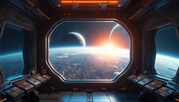 View from spaceship window of planet earth orbit with city. Spacecraft interior scene shows globe, stars, moon. Futuristic exploration travel on shuttle in universe. Tech flight control navigation