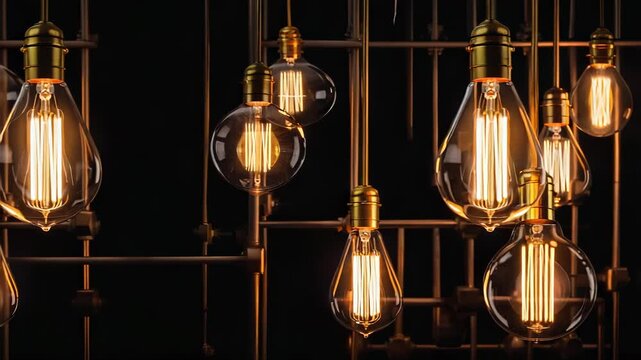 Decorative Edison Style Light Bulbs Hanging from Industrial Metal Frame, Warm Lighting, Dark Background, Interior Design Element