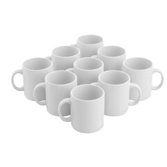 Many white ceramic mugs on transparent background