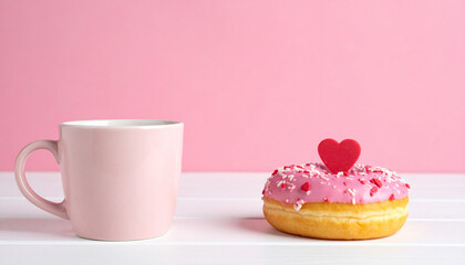 Tasty donut and coffee mug on white wooden table, pink background, delicious beverage, dessert