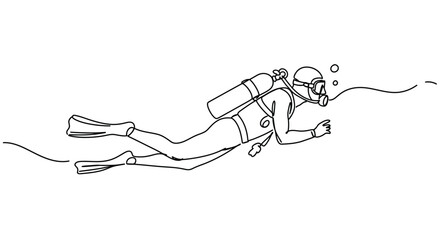 A minimalist line drawing depicts a scuba diver exploring underwater