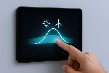 Machine learning concept applied across industries is illustrated by hand interacting with digital screen showing energy symbols and data curves