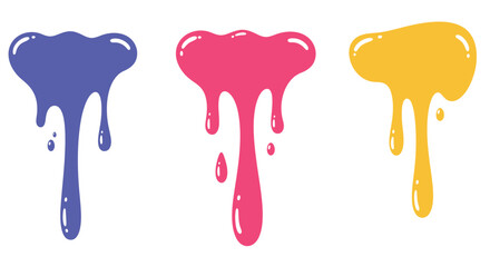 Colorful paint drips in blue pink and yellow isolated on white
