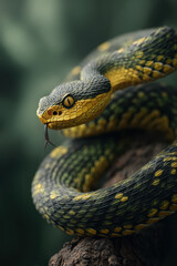 Obraz premium Serene Black Rat Snake Coiled in Mossy Branch, Evoking a Sense of Natural Power and Quiet Observation