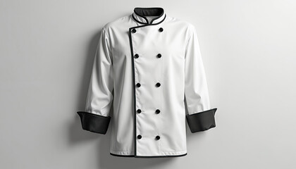 Crisp chef jacket displayed. White uniform with black accents culinary professionalism. Garment represents cooking expertise food industry standards. Modern sleek design conveys quality, attention to