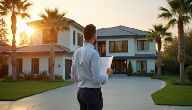 Pro real estate agent holds appraisal report, looks at luxury modern house exterior. Man evaluates upscale residential property for sale. Inspects tropical home at golden hour, sunset light