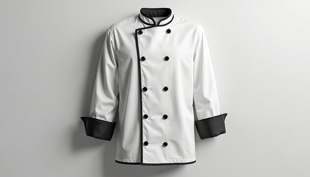 Crisp chef jacket displayed. White uniform with black accents culinary professionalism. Garment represents cooking expertise food industry standards. Modern sleek design conveys quality, attention to
