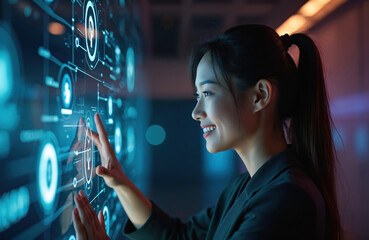 Smiling woman interacts with digital screen displaying tech interface. Person works with futuristic tech interface. Female touching virtual screen with tech icons. She works in innovation.