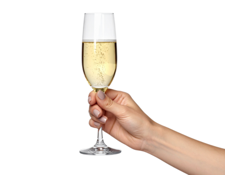 Female hand holding champagne glass isolated on transparent background png - Powered by Adobe