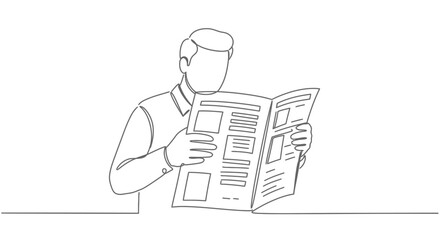 Line drawing of a man intently reading a broadsheet newspaper