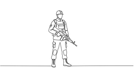 Single line drawing of a soldier standing with a rifle at ready