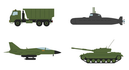 Military vehicles set including truck submarine jet and tank illustration