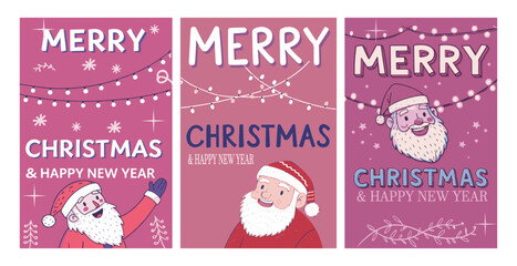 Merry Christmas and Happy New Year Vector Card Set with Santa Claus