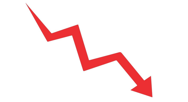 Red downward trending arrow isolated on transparent background