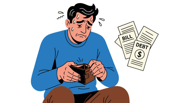 Man stressed about bills and debt, holding empty wallet isolated on transparent background